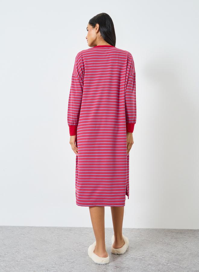 ستايلي قميص نوم مخطط بأكمام طويلة ومزخرف بزهور - Image 5